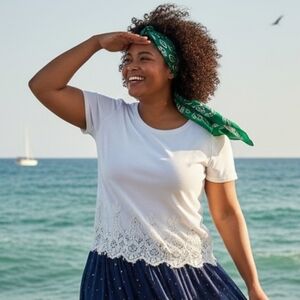 Nina Leonard Scoop Neck Tunic With Lace Trim In White
